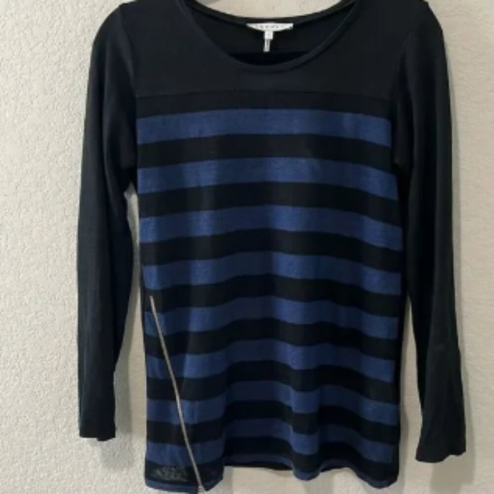 SANDRO 100% Linen Black/Navy Striped Long Sleeve Top, Zipper Side, Size 1(S)